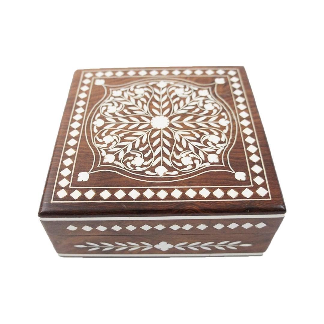 KBL Handmade Wooden Jewellery Box for Women Wood Jewel Organizer, Storage Box, Hand Inlay with Intricate Inlay Gift Items - 6 inches Square (Brown)