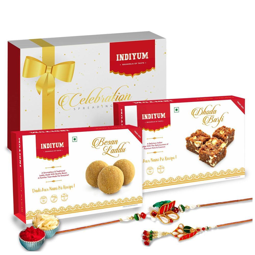 Indiyum Rakhi Sweet Combo Gift Pack For Bhaiya Bhabhi - Dhoda Barfi 200g Besan Laddu 200g Bhaiya Bhabhi Rakhi Roli Chawal