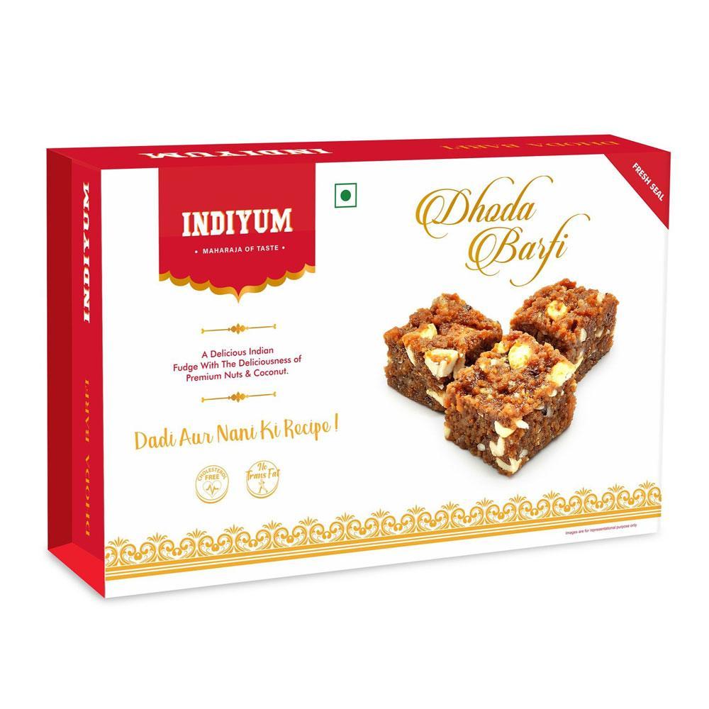 Indiyum Rakhi Sweet Combo Gift Pack For Bhaiya Bhabhi - Dhoda Barfi 200g Kaju Barfi 200g Bhaiya Bhabhi Rakhi Roli Chawal