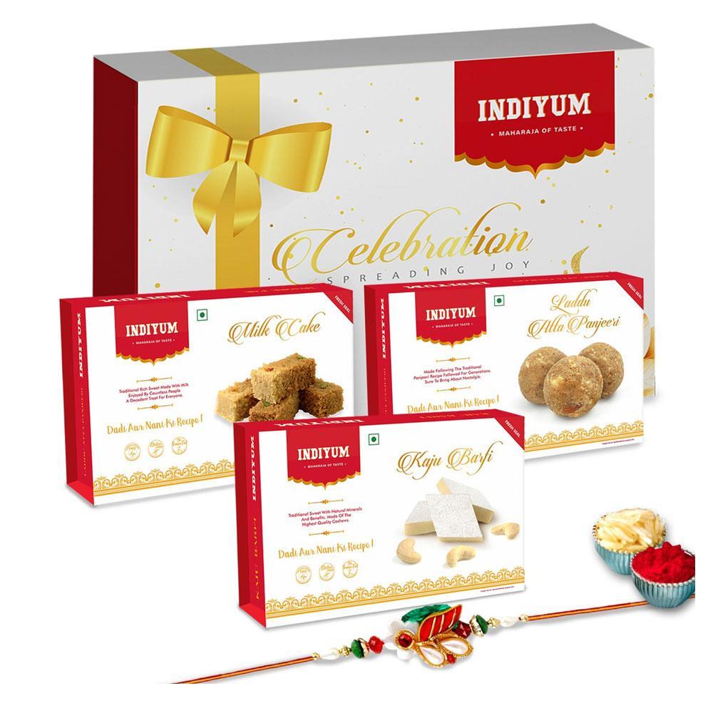 Indiyum  Sweet Combo Rakhi Hamper For Bhaiya - Kaju Barfi 200g Atta Panjeeri Laddu 200g Milk Cake 200g Rakhi For Brother Roli Chawal