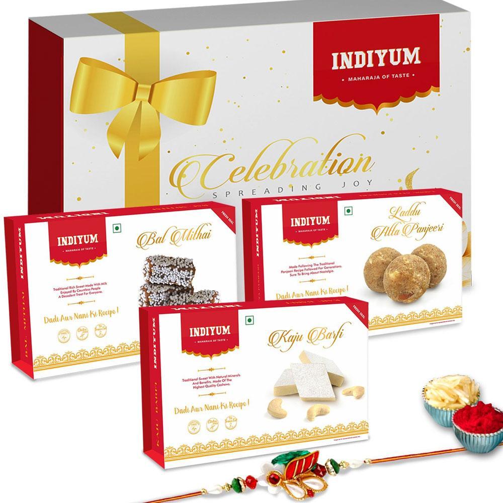 Indiyum  Sweet Combo Rakhi Hamper For Bhaiya - Kaju Barfi 200g Atta Panjeeri Laddu 200g Bal Mitahi 200g Rakhi For Brother Roli Chawal
