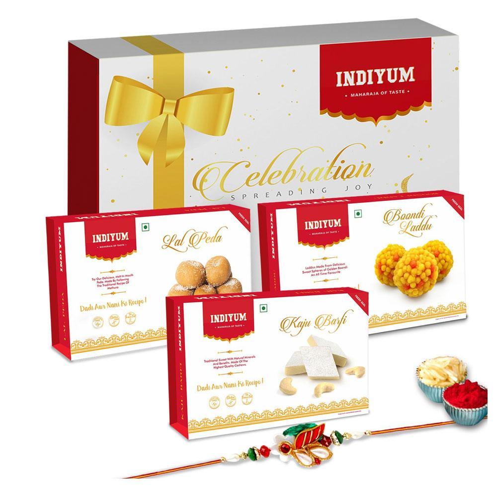 Indiyum  Sweet Combo Rakhi Hamper For Bhaiya - Kaju Barfi 200g Boondi Laddu 200g Lal Peda 200g Rakhi For Brother Roli Chawal