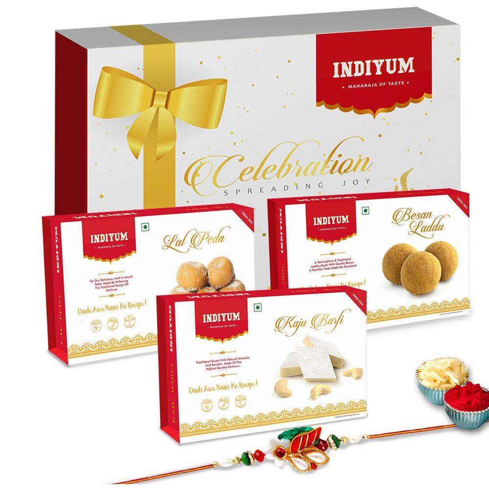 Indiyum  Sweet Combo Rakhi Hamper For Bhaiya - Kaju Barfi 200g Besan Laddu 200g Lal Peda 200g Rakhi For Brother Roli Chawal