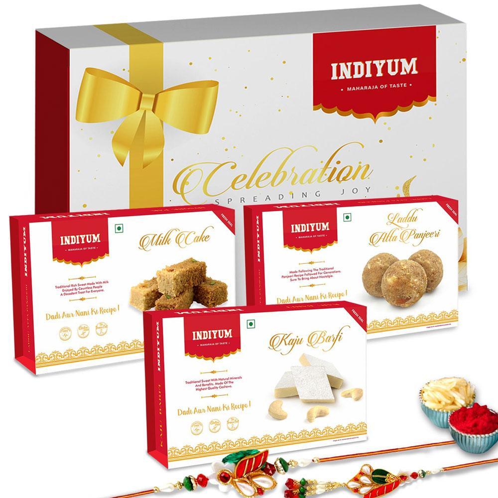 Indiyum Sweet Combo Rakhi Hamper For Bhaiya Bhabhi - Kaju Barfi 200g Atta Panjeeri Laddu 200g Milk Cake 200g Rakhi For Bhaiya Bhabhi Roli Chawal