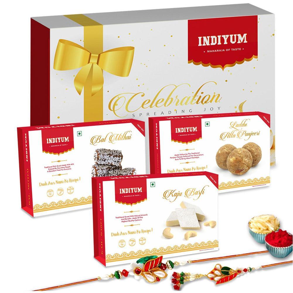 Indiyum Sweet Combo Rakhi Hamper For Bhaiya Bhabhi - Kaju Barfi 200g Atta Panjeeri Laddu 200g Bal Mitahi 200g Rakhi For Bhaiya Bhabhi Roli Chawal
