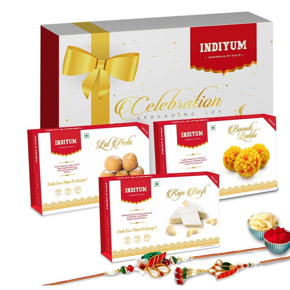 Indiyum Rakhi Sweet Combo Gift Pack For Bhaiya Bhabhi - Kaju Barfi 200g Boondi Laddu 200g Lal Peda 200g Rakhi For Bhaiya Bhabhi Roli Chawal