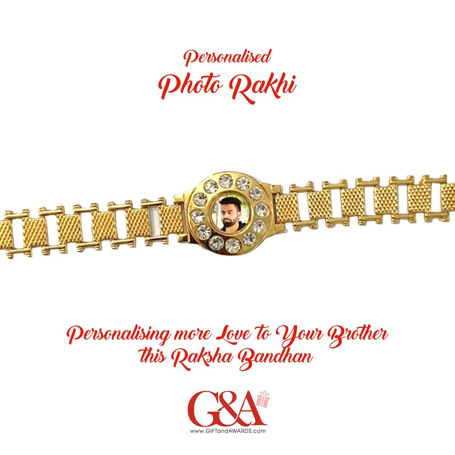 G&A Golden Bracelet Style Personalised Photo Rakhi Circular