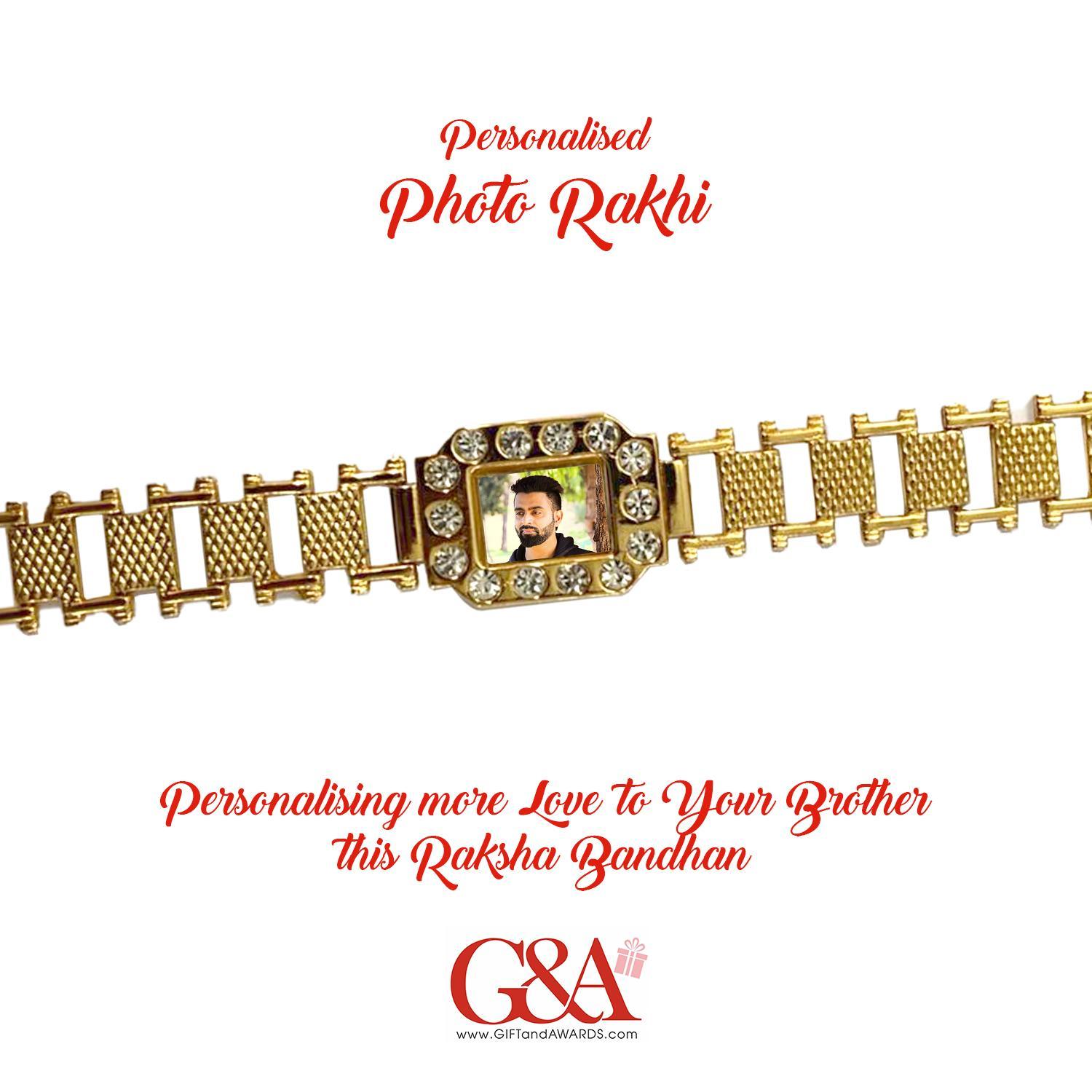 G&A Golden Bracelet Style Personalised Photo Rakhi Rectangle