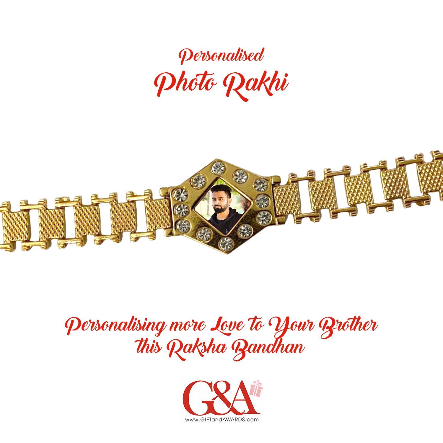 G&A Golden Bracelet Style Personalised Photo Rakhi Square