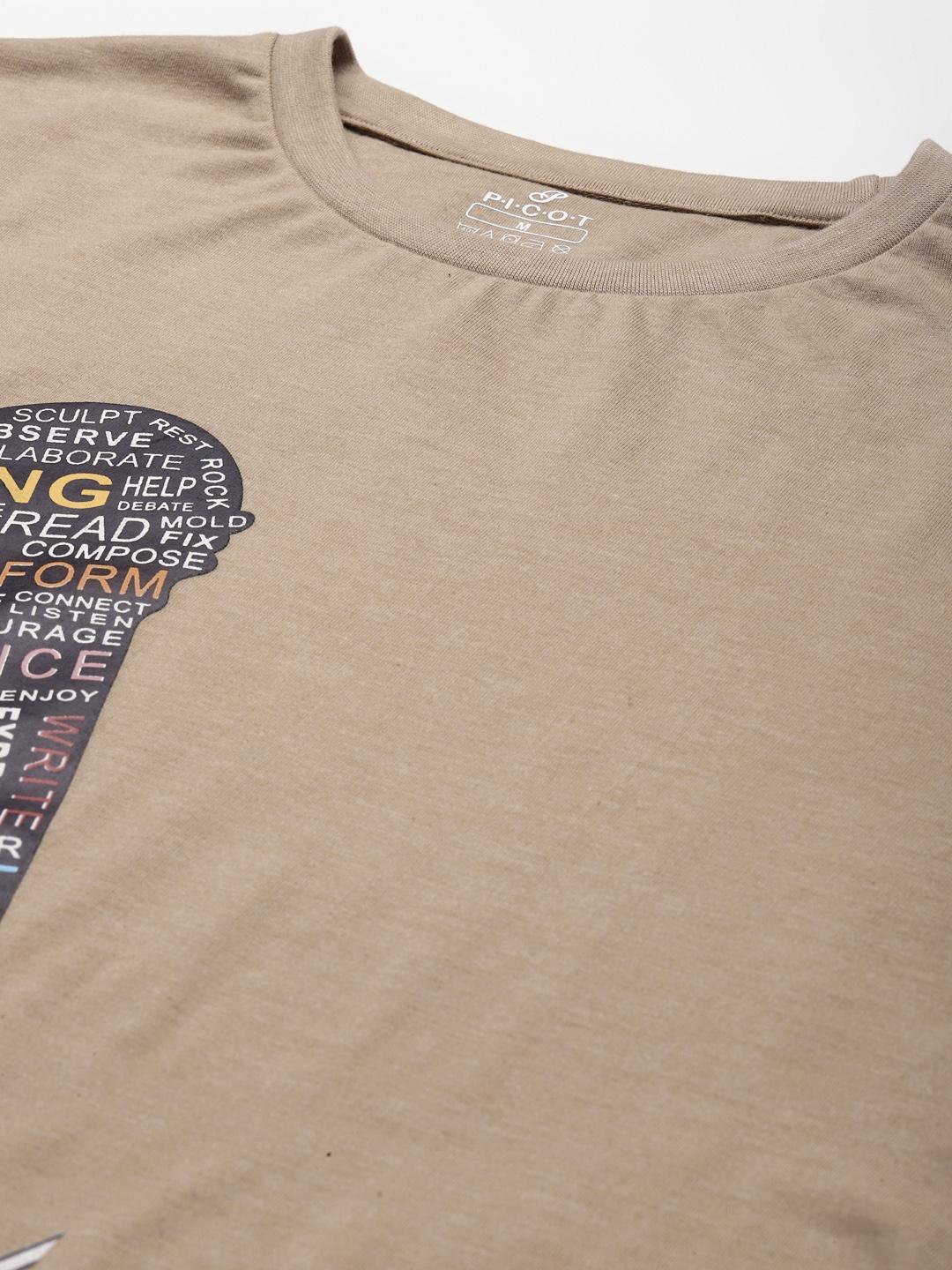 PICOT Men Beige Typography Printed T-shirt