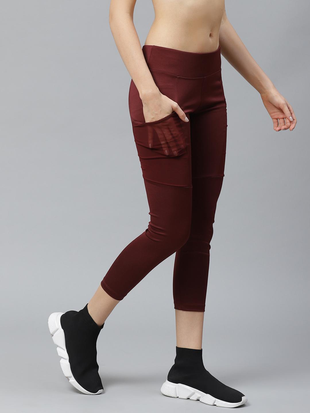 Women Maroon Solid 3/4th Tights