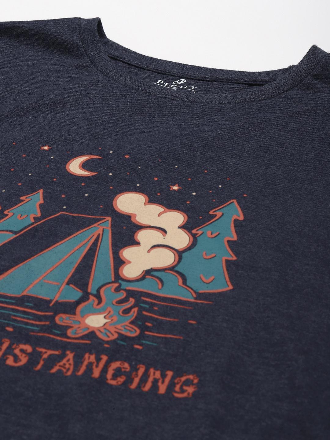 PICOT Men Navy Blue Printed Round Neck T-shirt