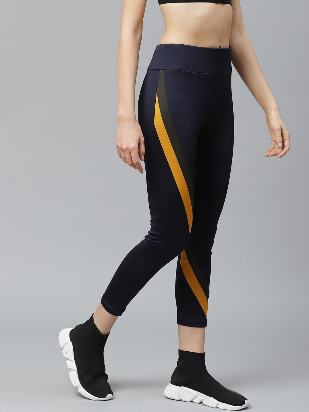 PICOT Women Navy Blue & Mustard Yellow Striped Cropped Tights