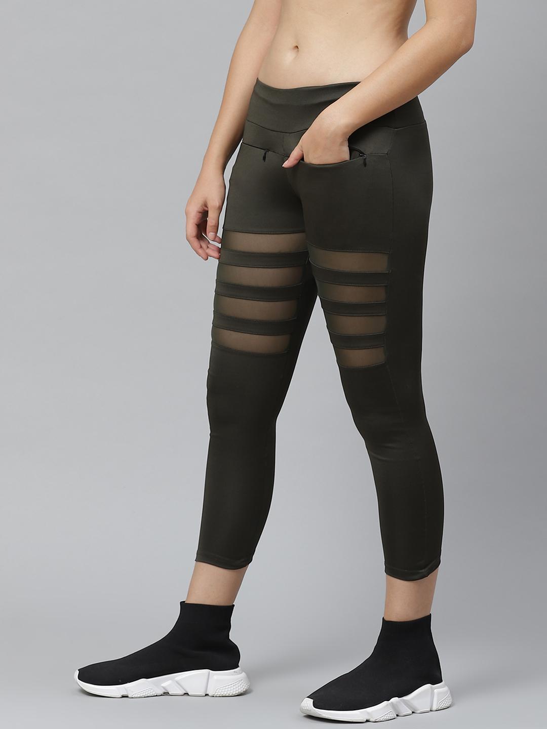 PICOT Women Olive Green Solid Cropped Tights with Mesh Detail