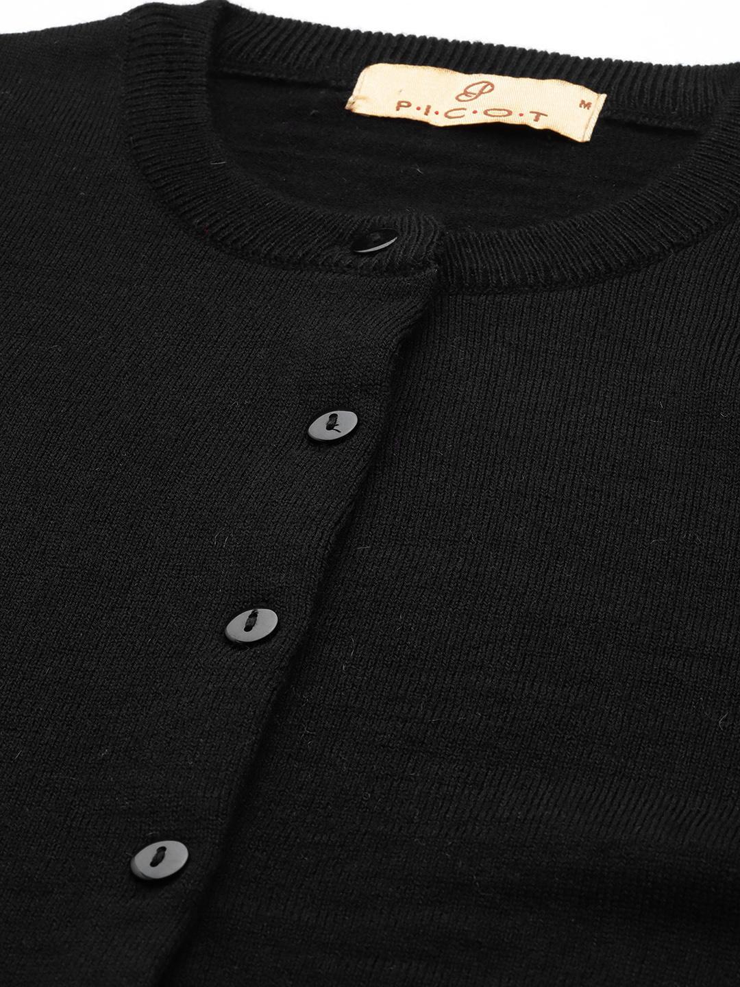 Women Black Round Neck Cardigan With Buttoned Sleeves