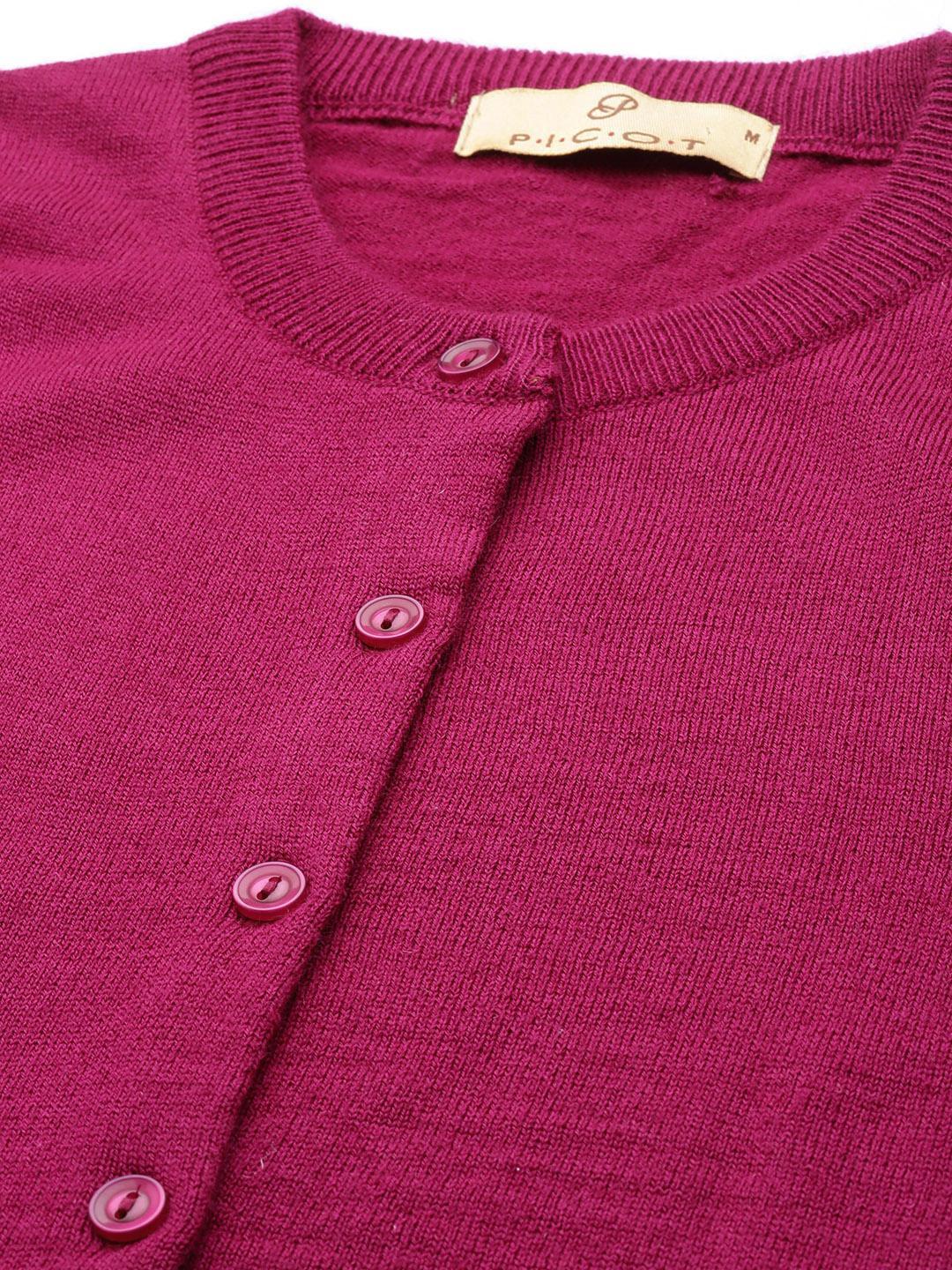 Women Magenta Round Neck Cardigan With Buttoned Sleeves