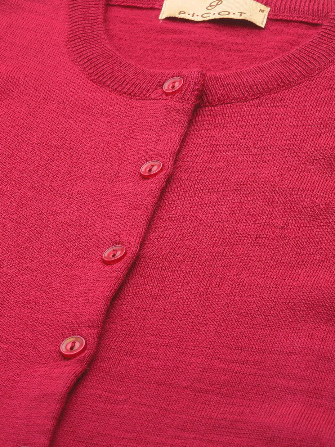 Women Wine Red Round Neck Cardigan With Buttoned Sleeves