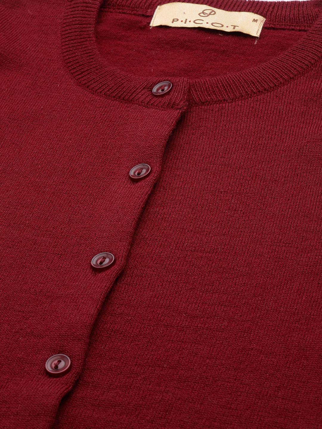 Women Maroon Round Neck Cardigan With Buttoned Sleeves