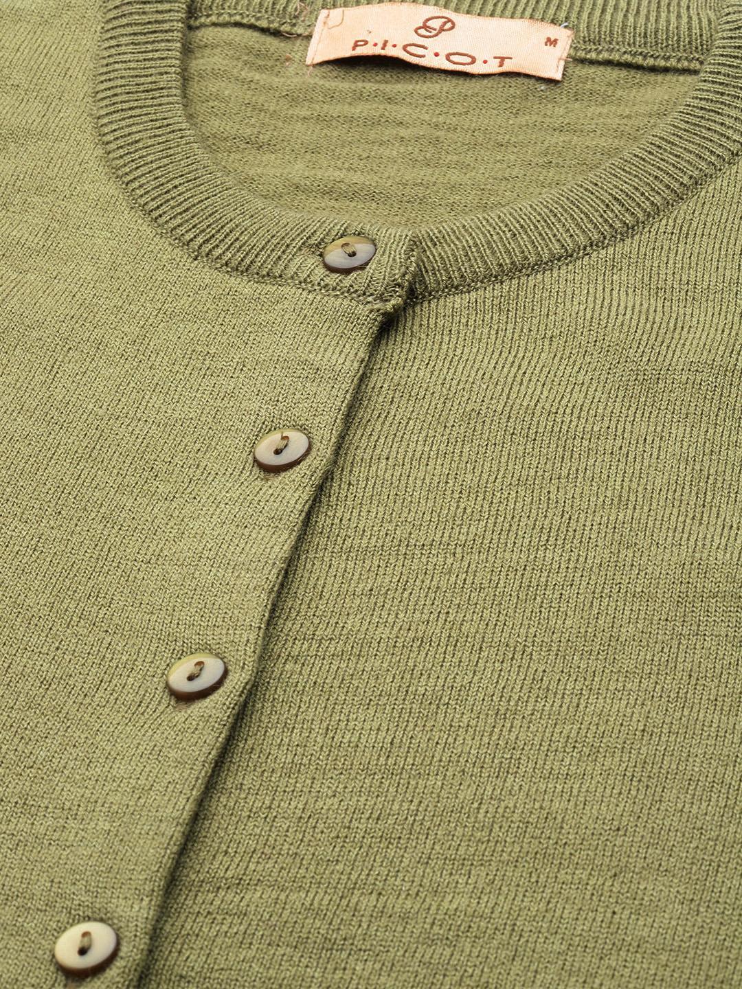 Women Pista Green Neck Cardigan With Buttoned Sleeves