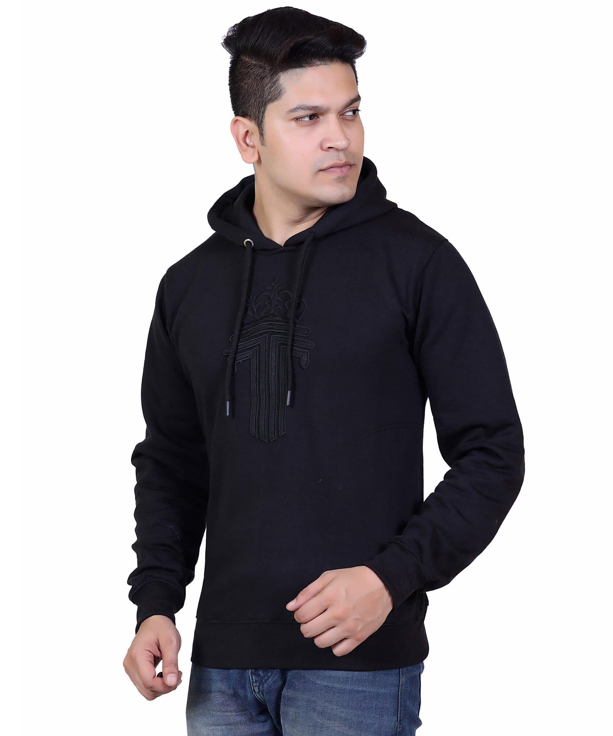 Full Sleeve Embroidered Solid Men Hoodies – Black