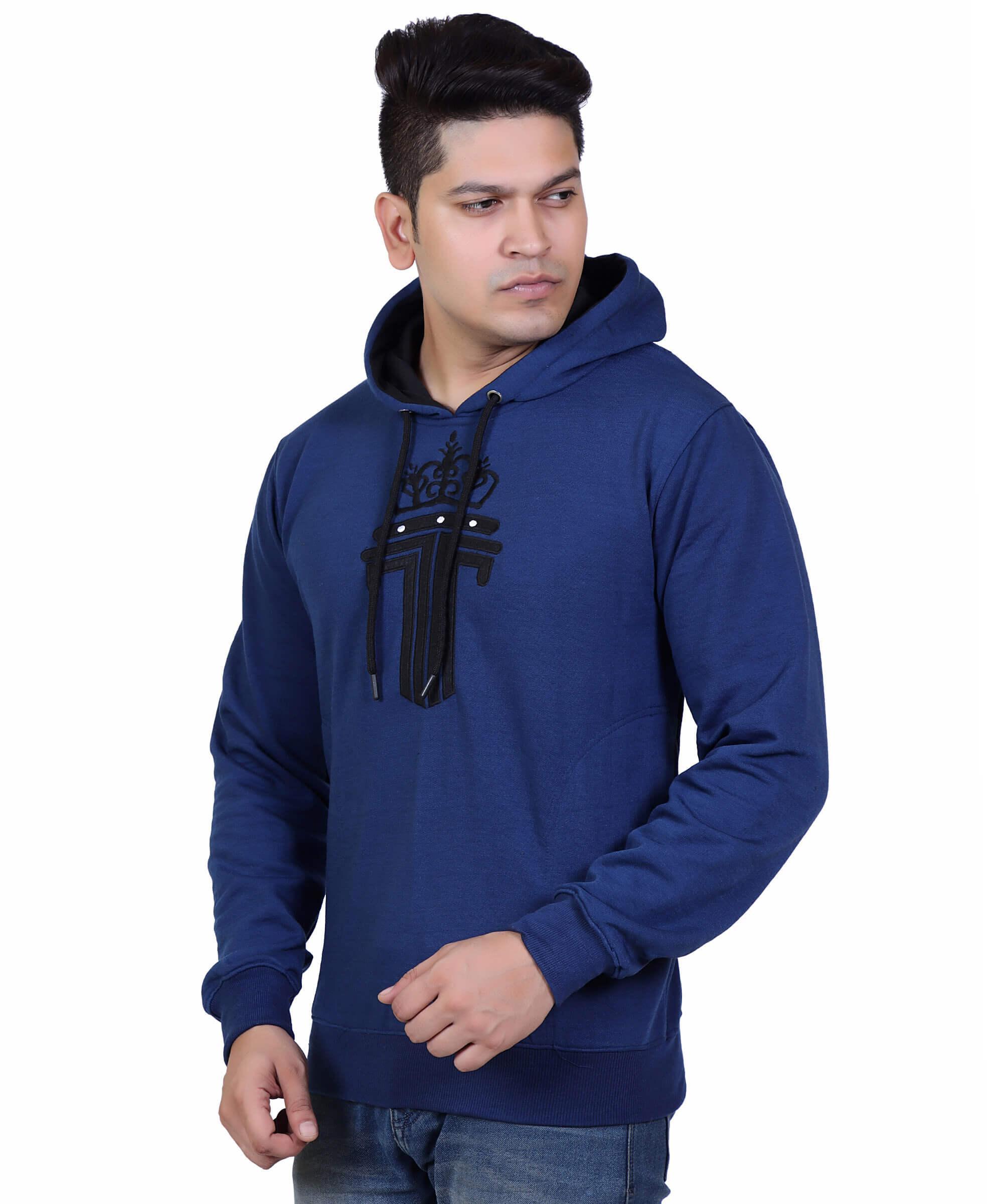 Full Sleeve Embroidered Solid Men Hoodies – Blue