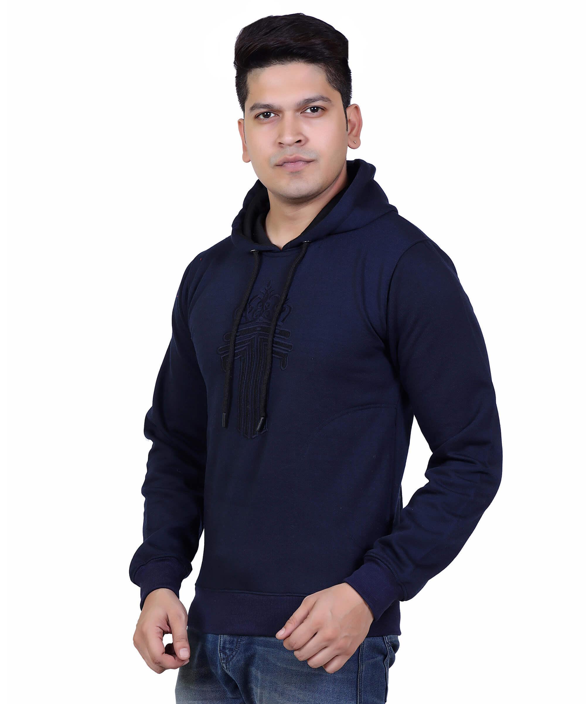 Full Sleeve Embroidered Solid Men Hoodies – Navy Green