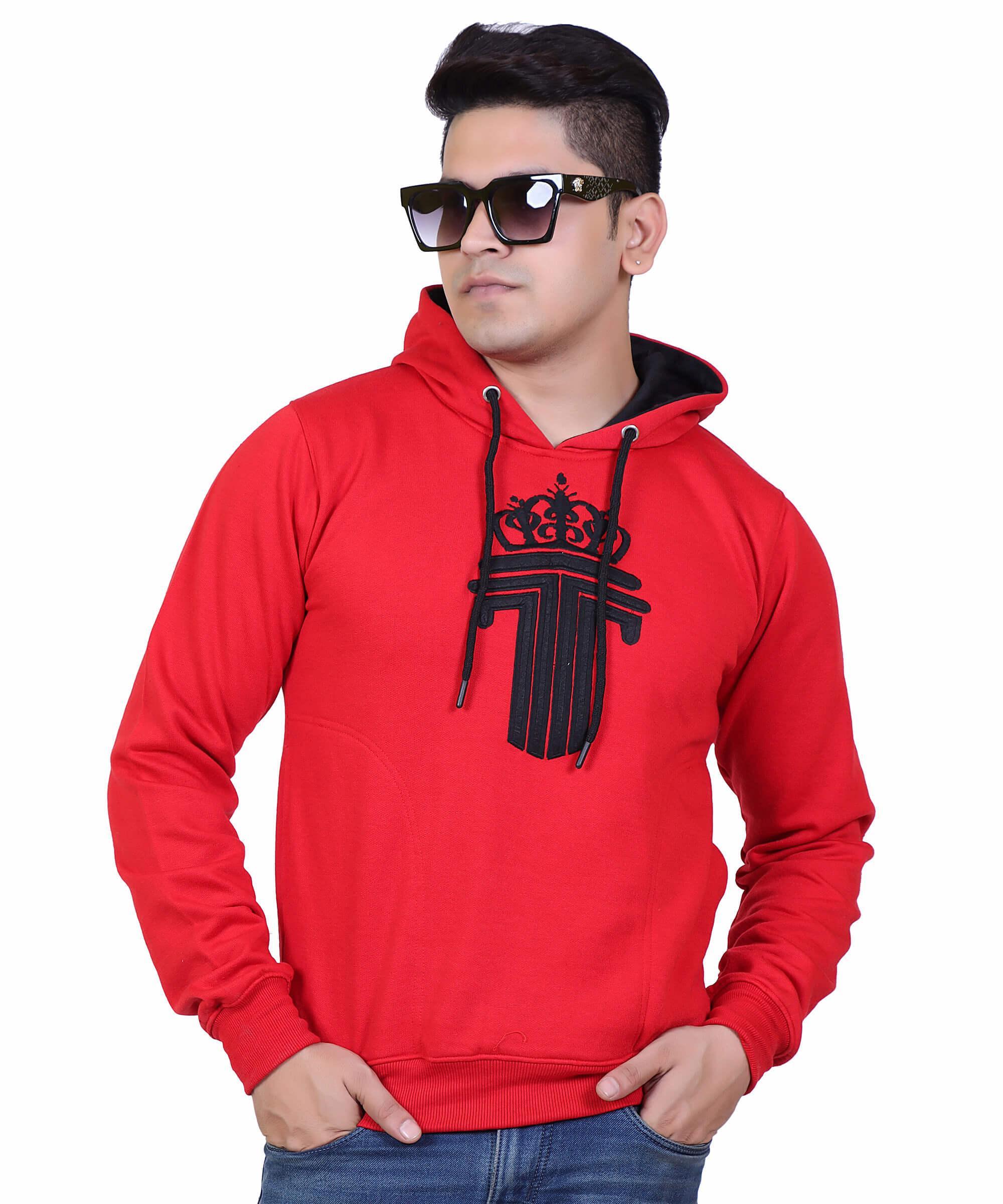 Full Sleeve Embroidered Solid Men Hoodies – Red
