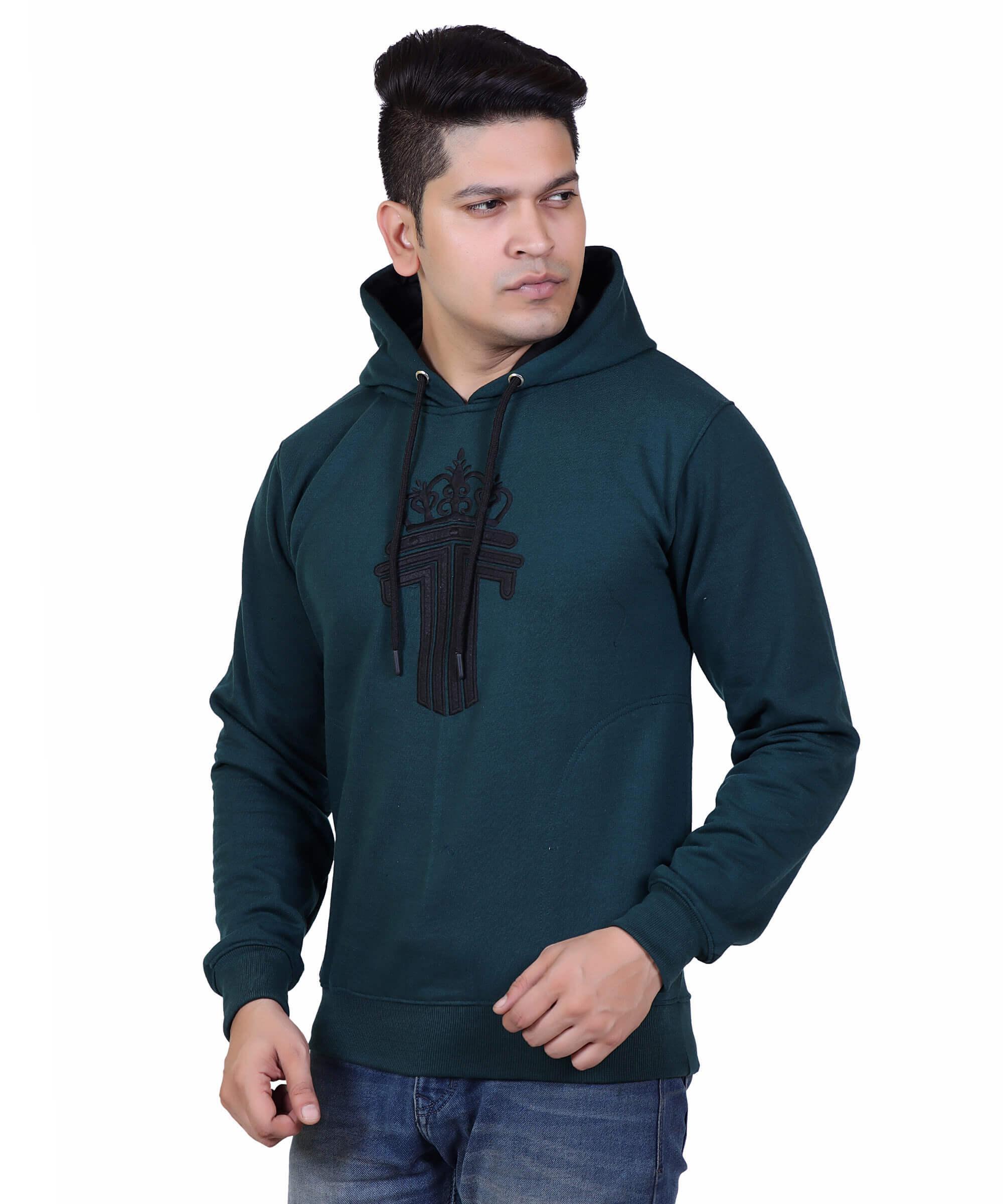 Full Sleeve Embroidered Solid Men Hoodies – Teal Green