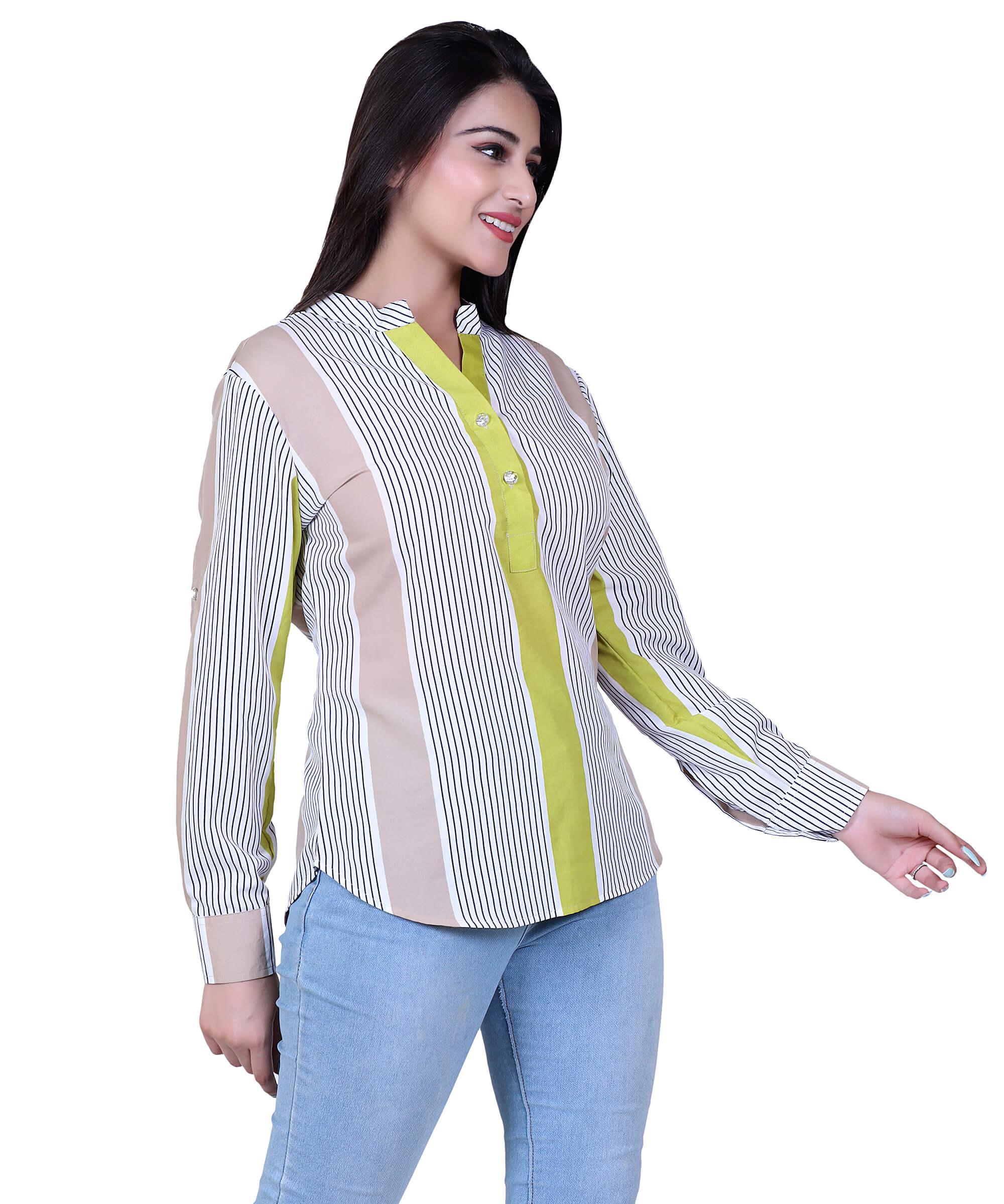 SECT-WT WOMEN TOP PRINT- CREAM GREEN STRIP