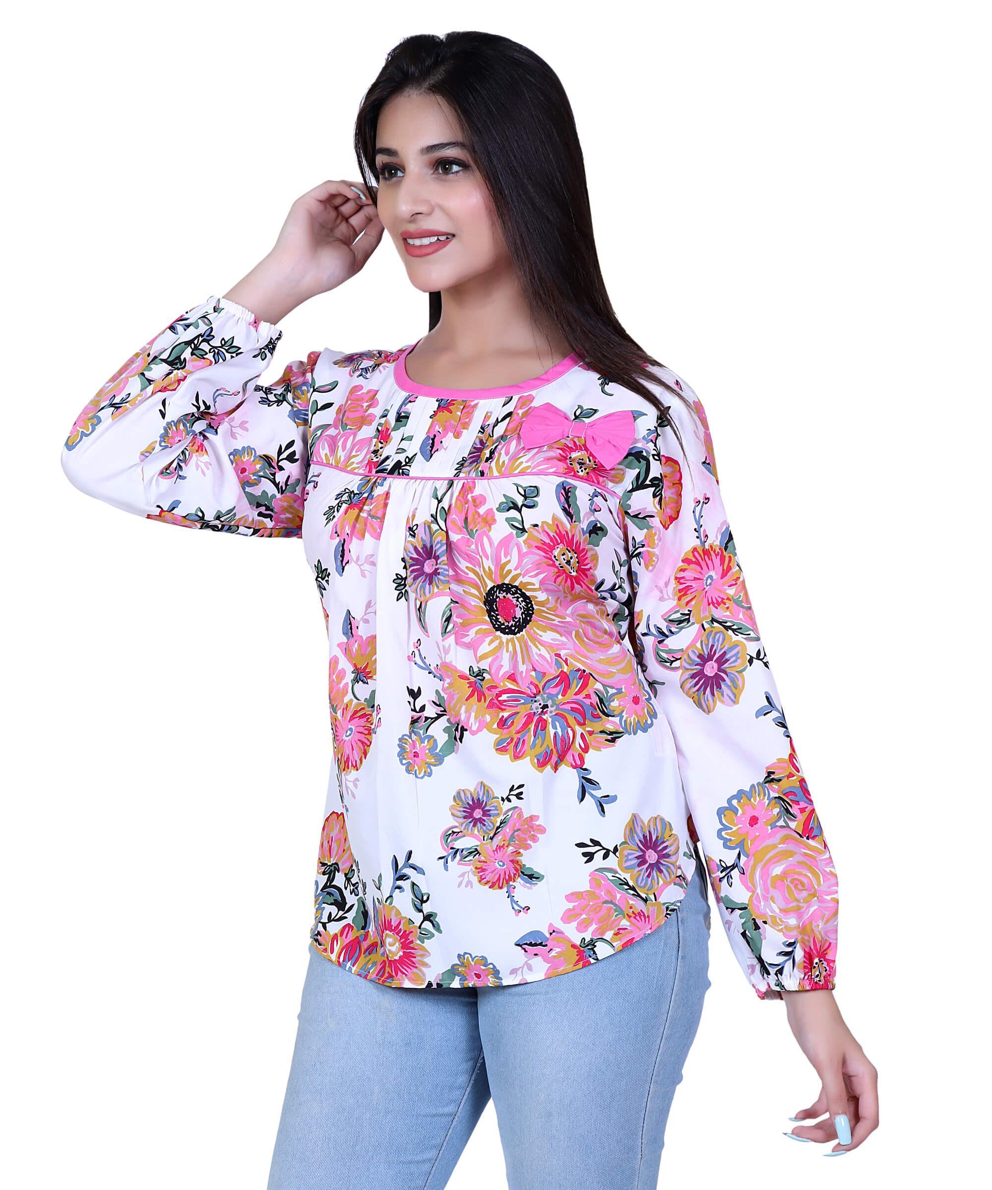 SECT-WT WOMEN TOP PRINT- WHITE PINK FLORAL