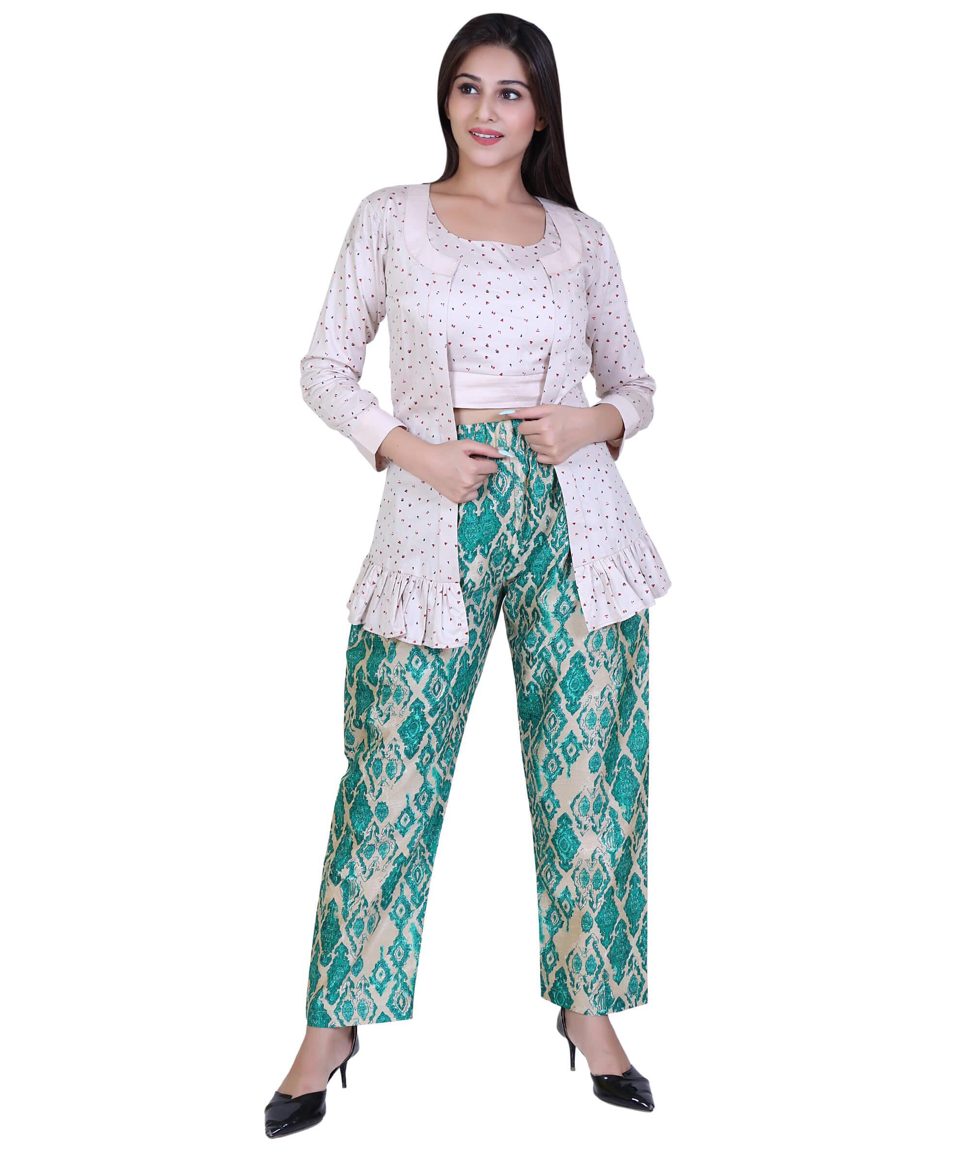 SECT-WWD WOMEN WESTERN DRESS PRINT – CREAM & GREEN GOLDEN