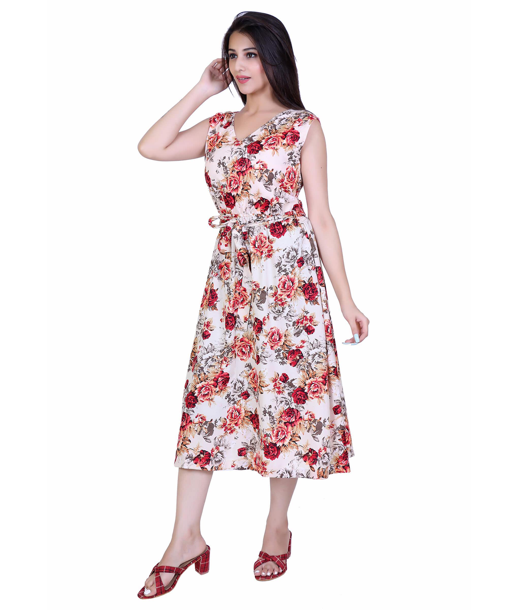 SECT-WWD WOMEN WESTERN DRESS PRINT – CREAM MAROON FLORAL