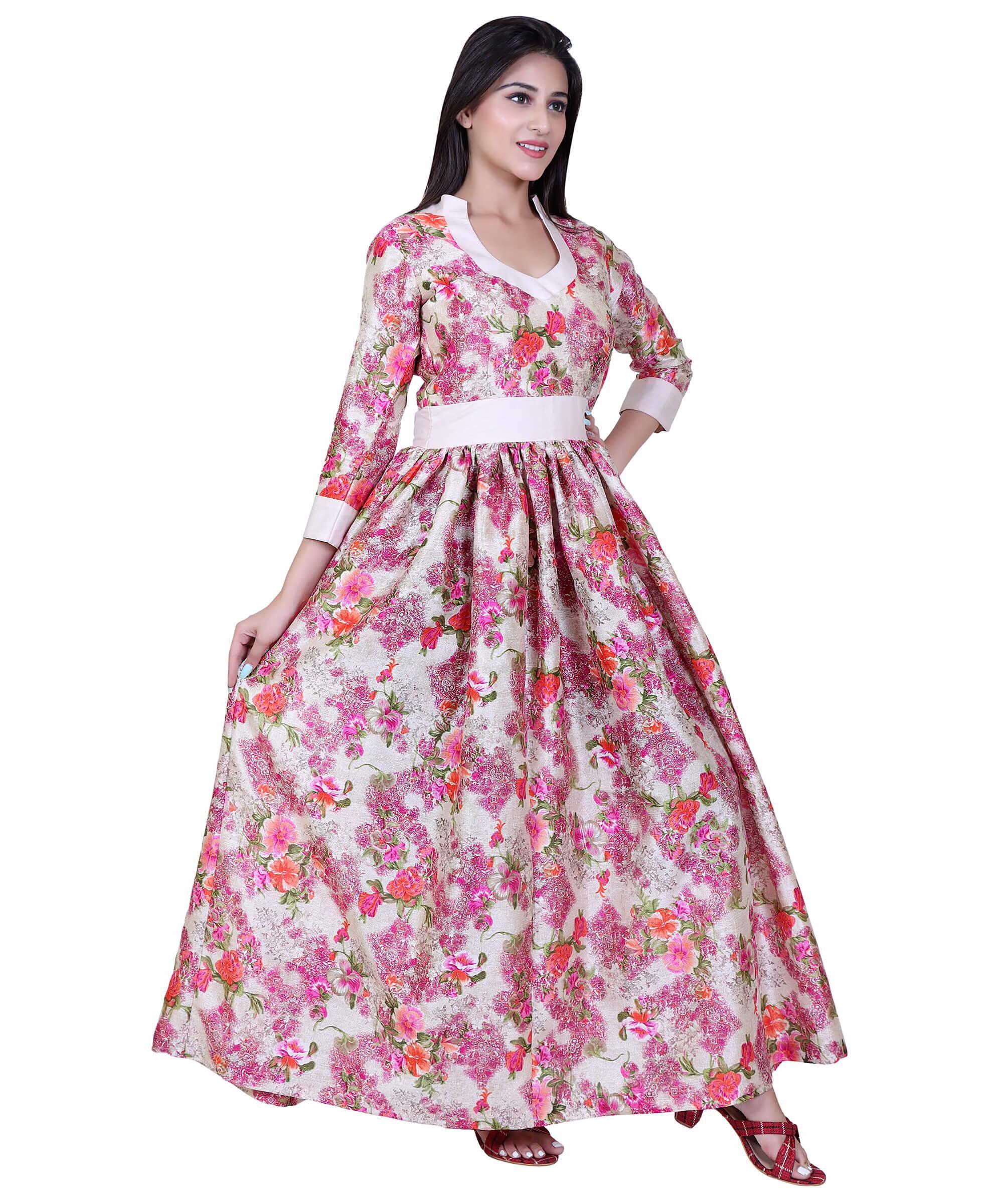 SECT-WWD WOMEN WESTERN DRESS PRINT – GOLDEN PINK FLORAL