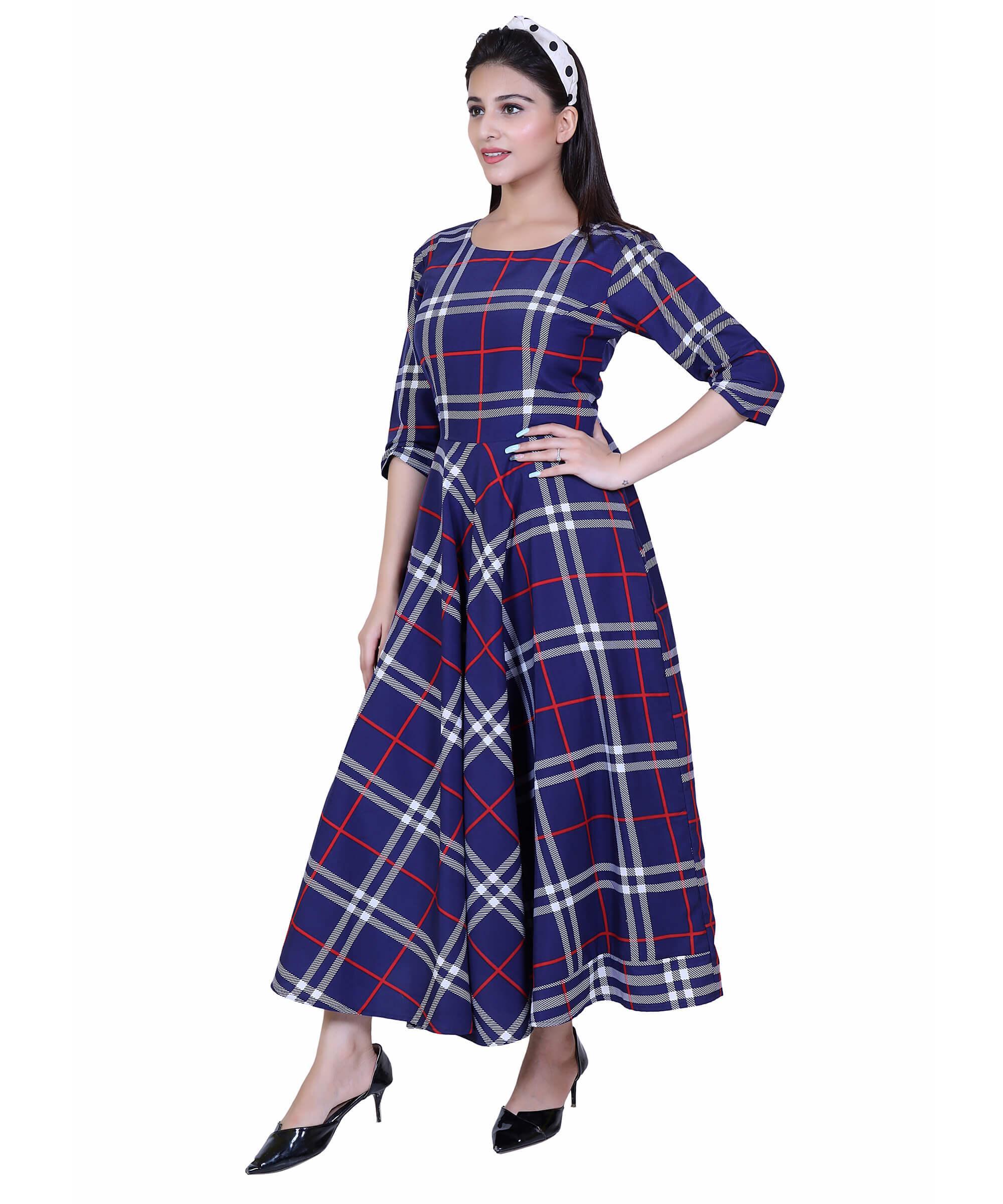 SECT-WWD WOMEN WESTERN DRESS PRINT – NAVY BLUE CHECK