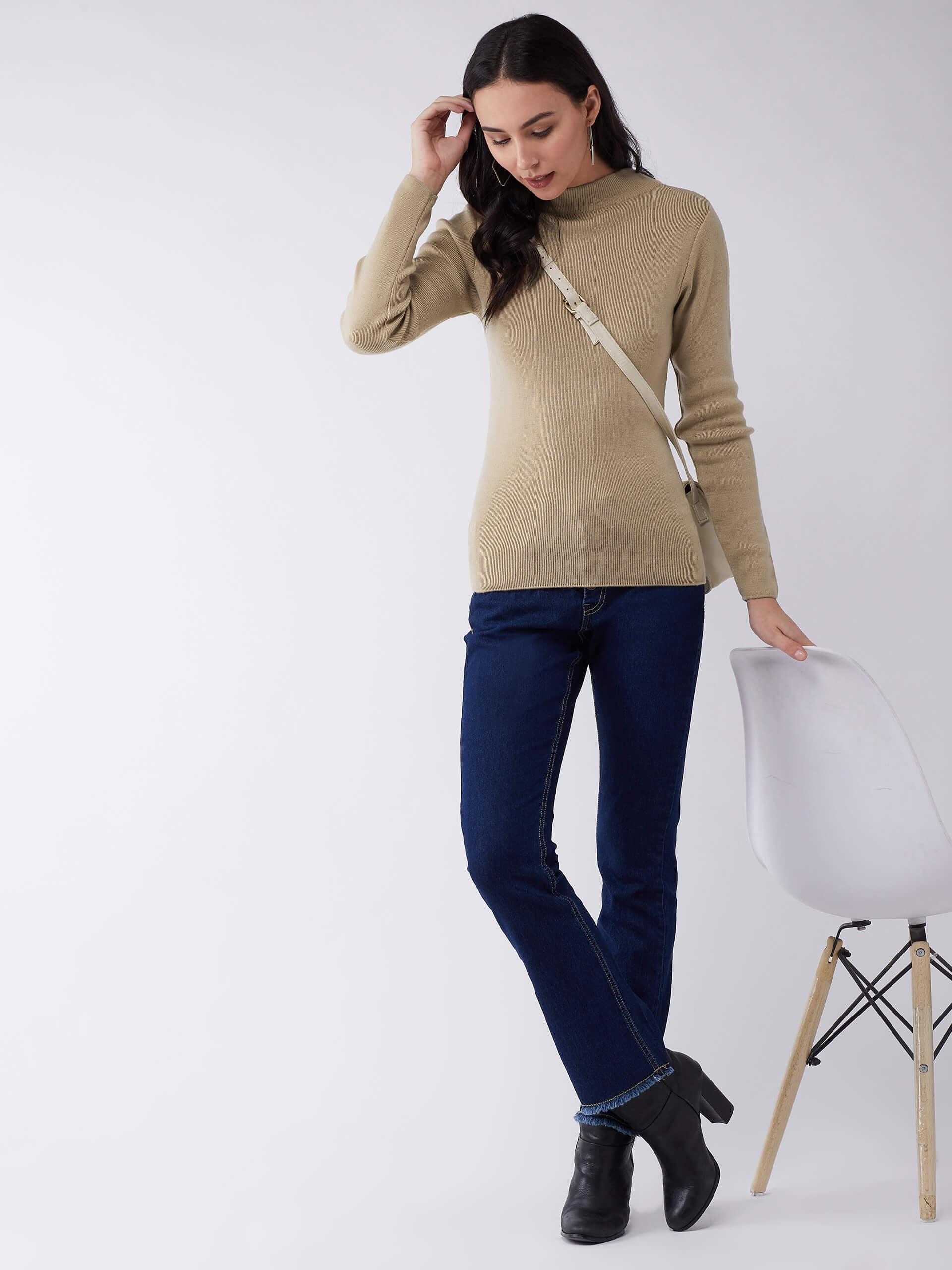 RVK Women Acrylic Beige Solid Pullover Sweater