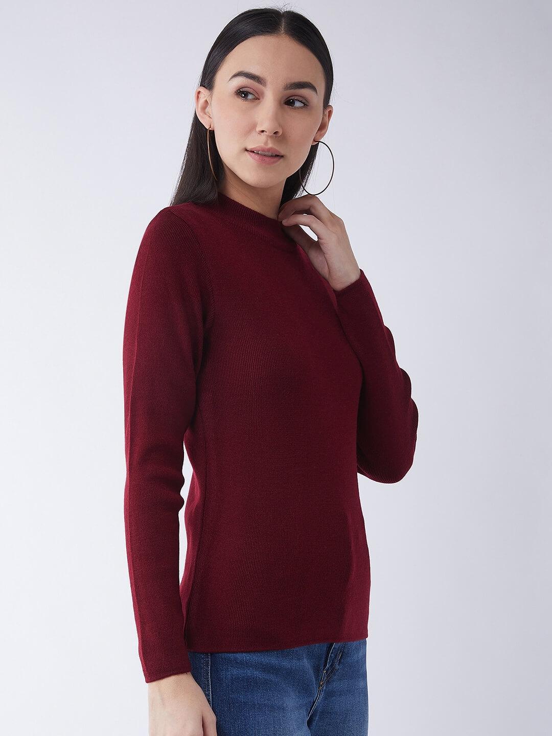 RVK Women Maroon Ribbed Pullover Sweater