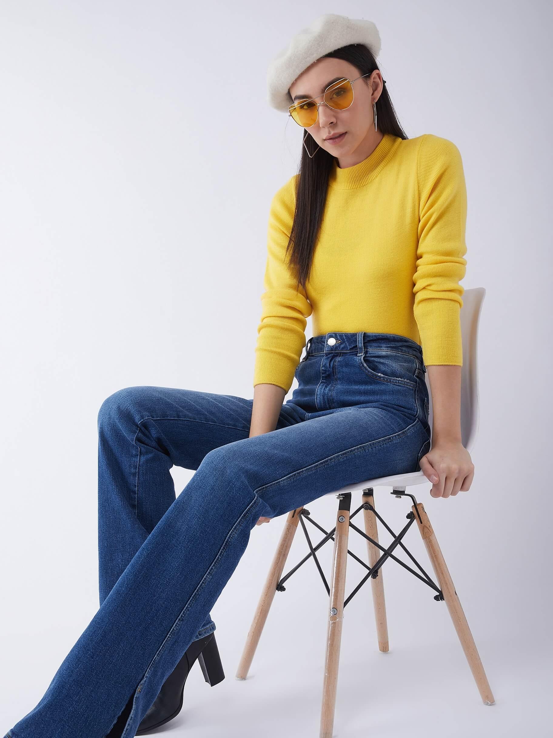 RVK Women Acrylic Yellow Solid Pullover Sweater