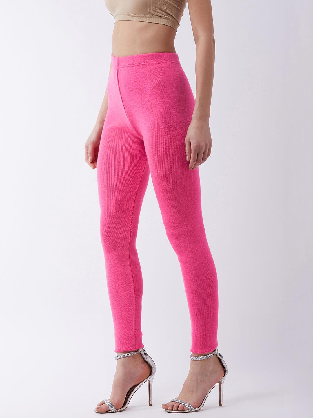 Women Floro Pink solid slim fit woolen leggings