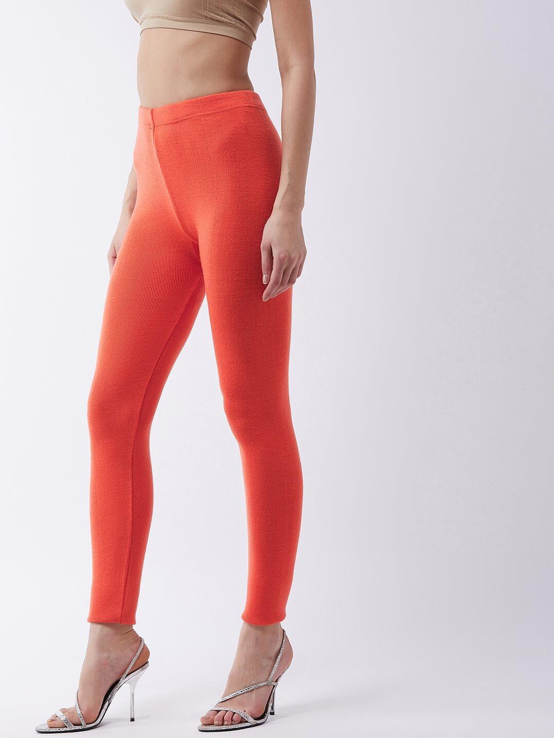 Women Light orange solid slim fit woolen leggings