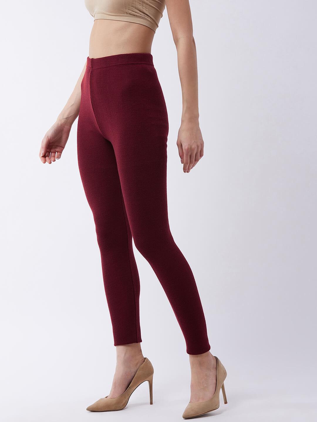 Women Maroon solid slim fit woolen leggings