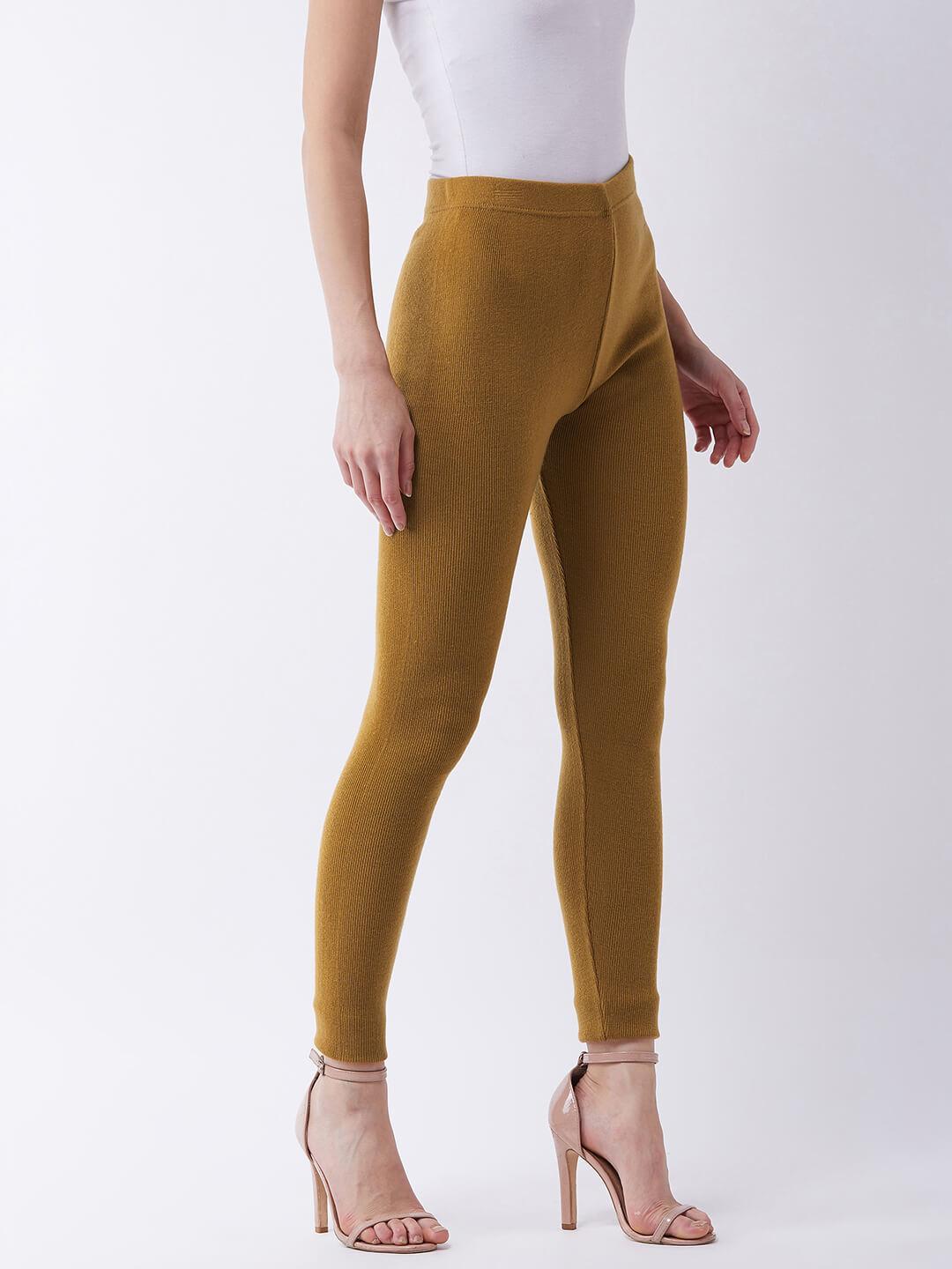 Women Mustard solid slim fit woolen leggings