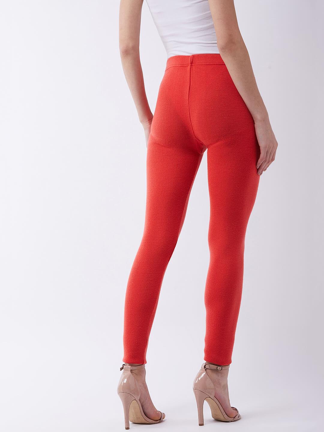 Women Orange solid slim fit woolen leggings