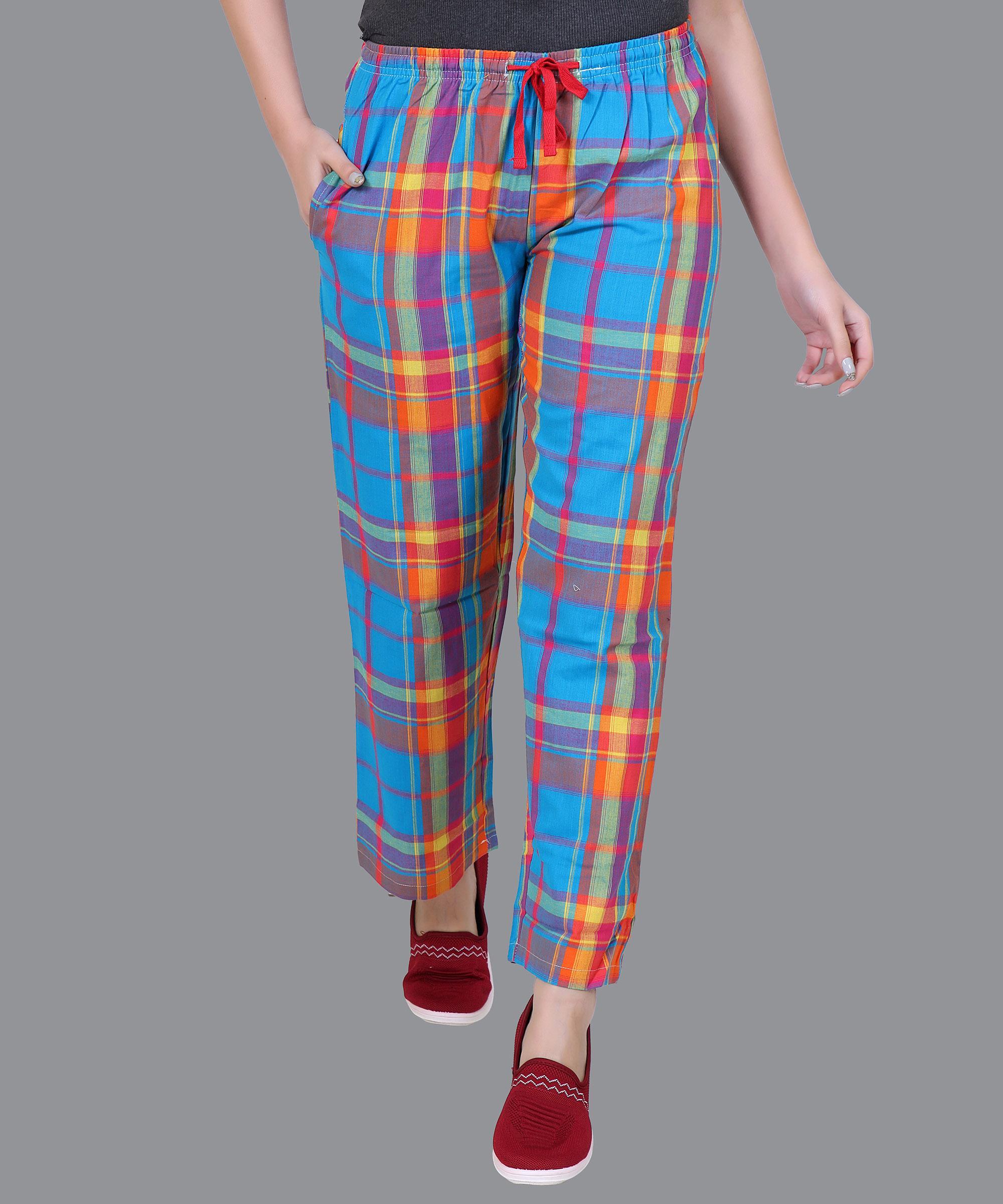 Women Blue & Orange Checked Pajama Regular Fit 