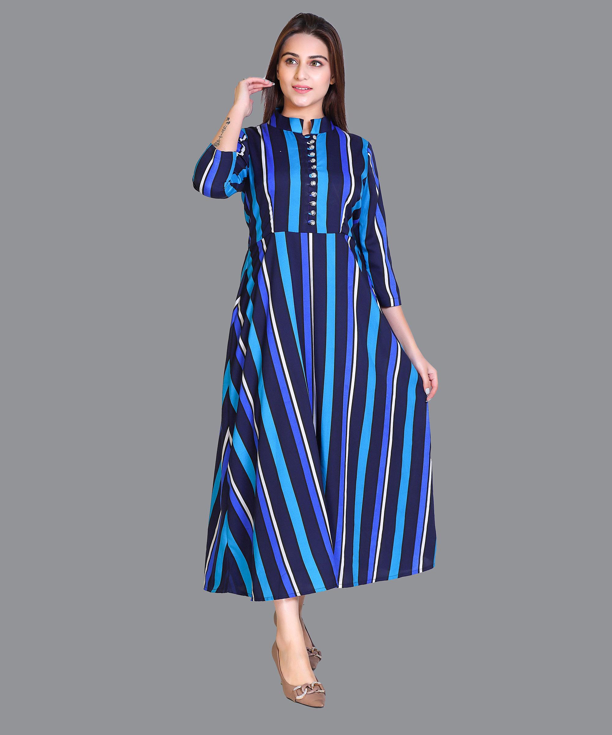 Women Satin Blue Strips Western Dress