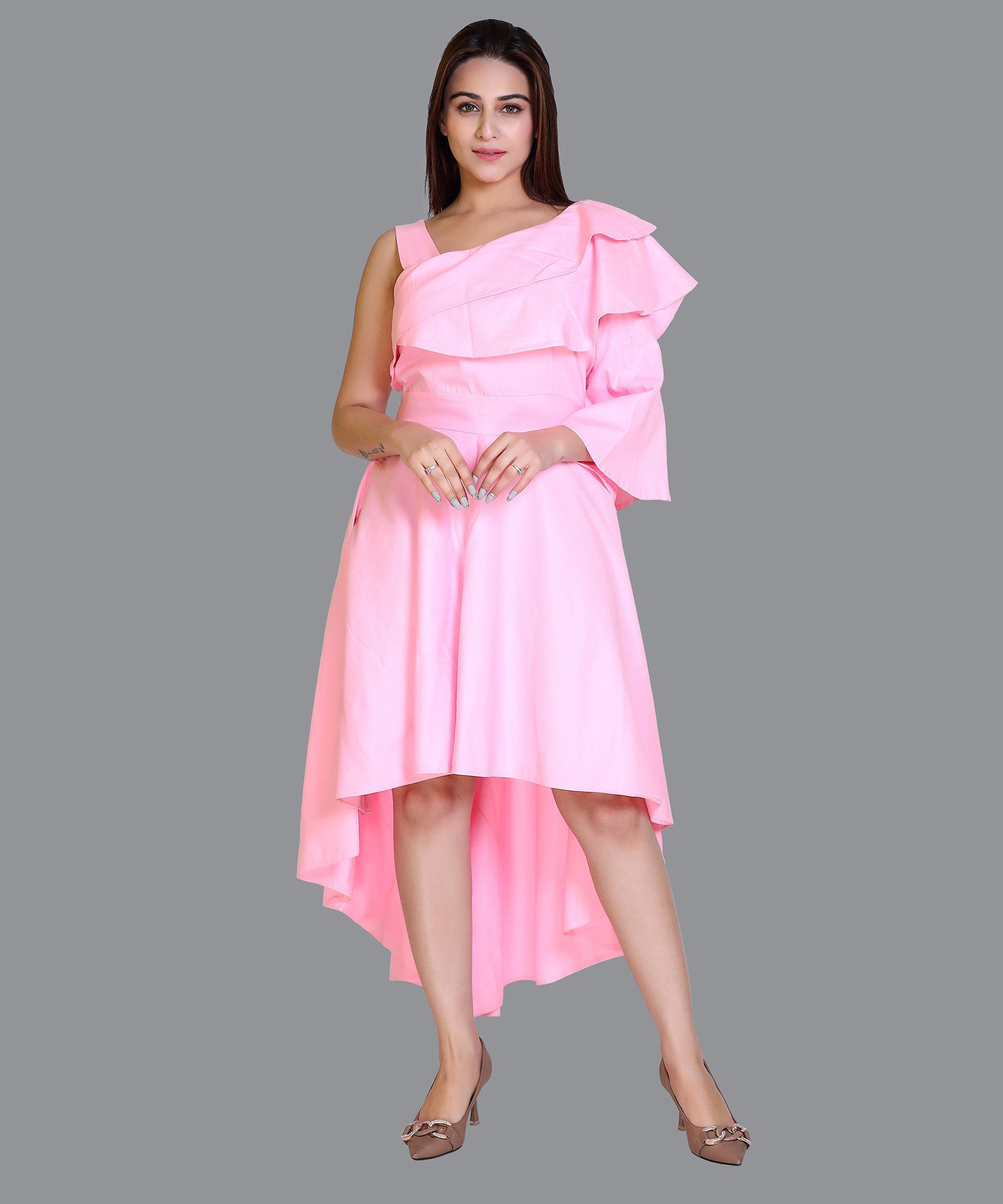 Women Satin Baby Pink Print Western Dress