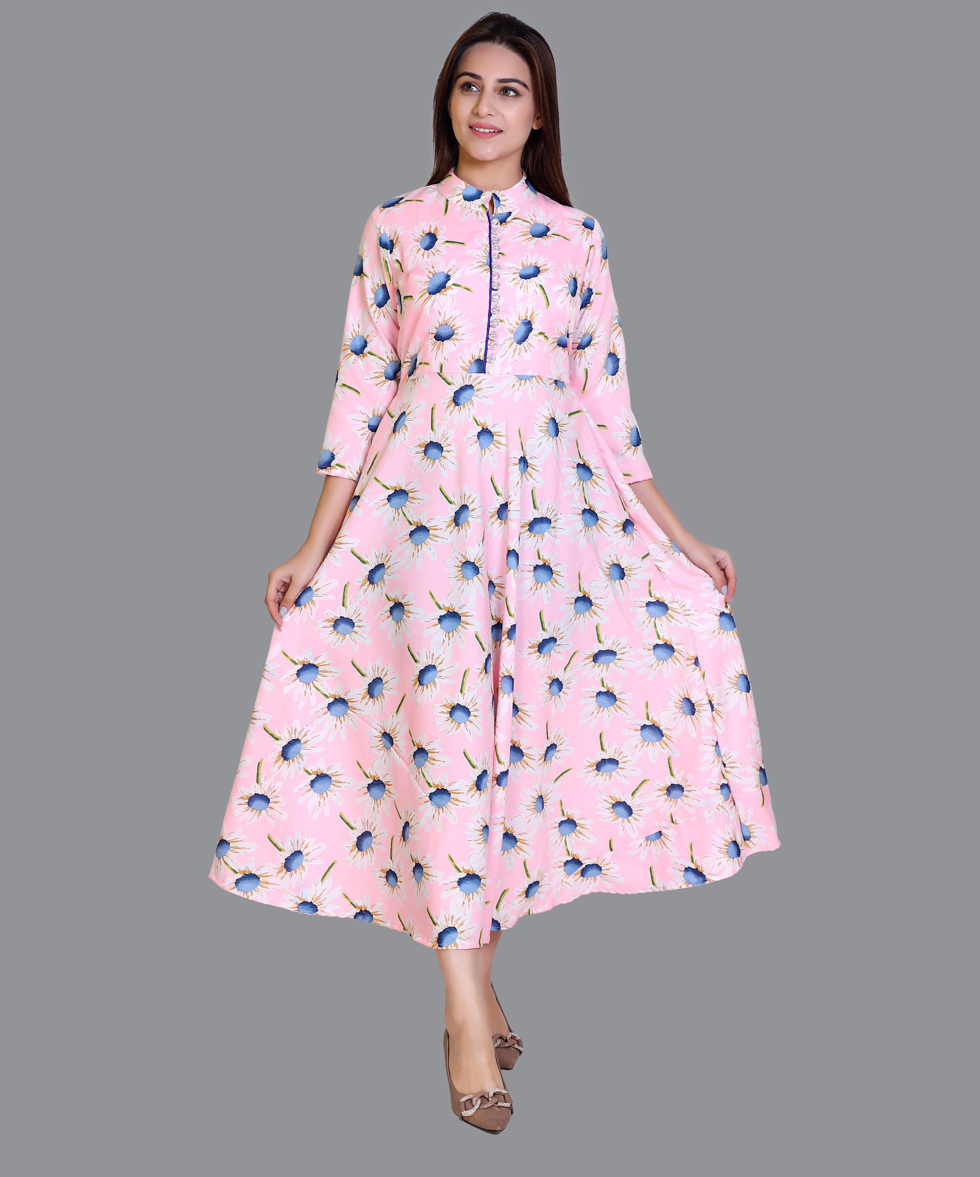 Women Satin Pink Floral Print Western Dress