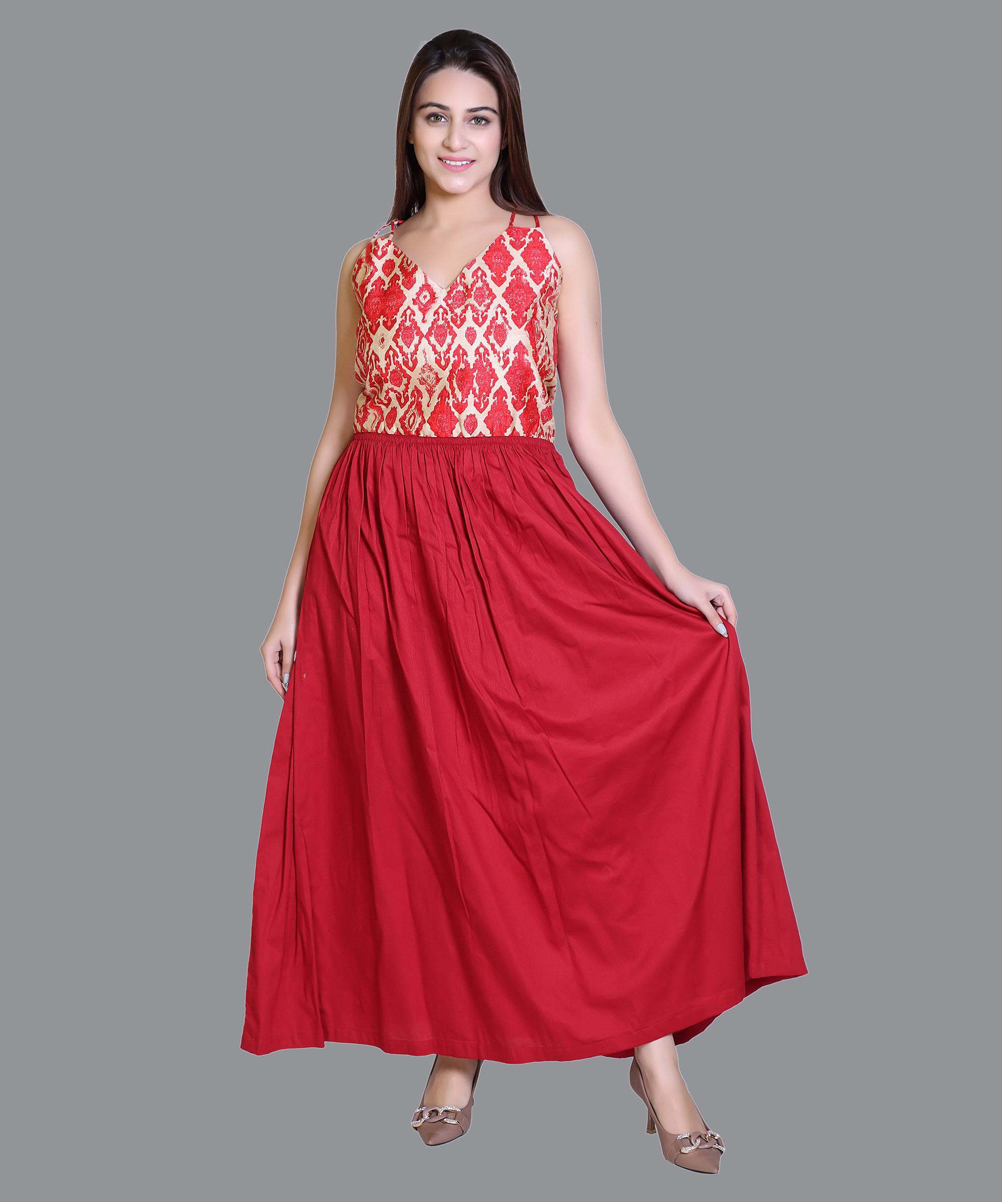 Women Satin Maroon Print Western Dress