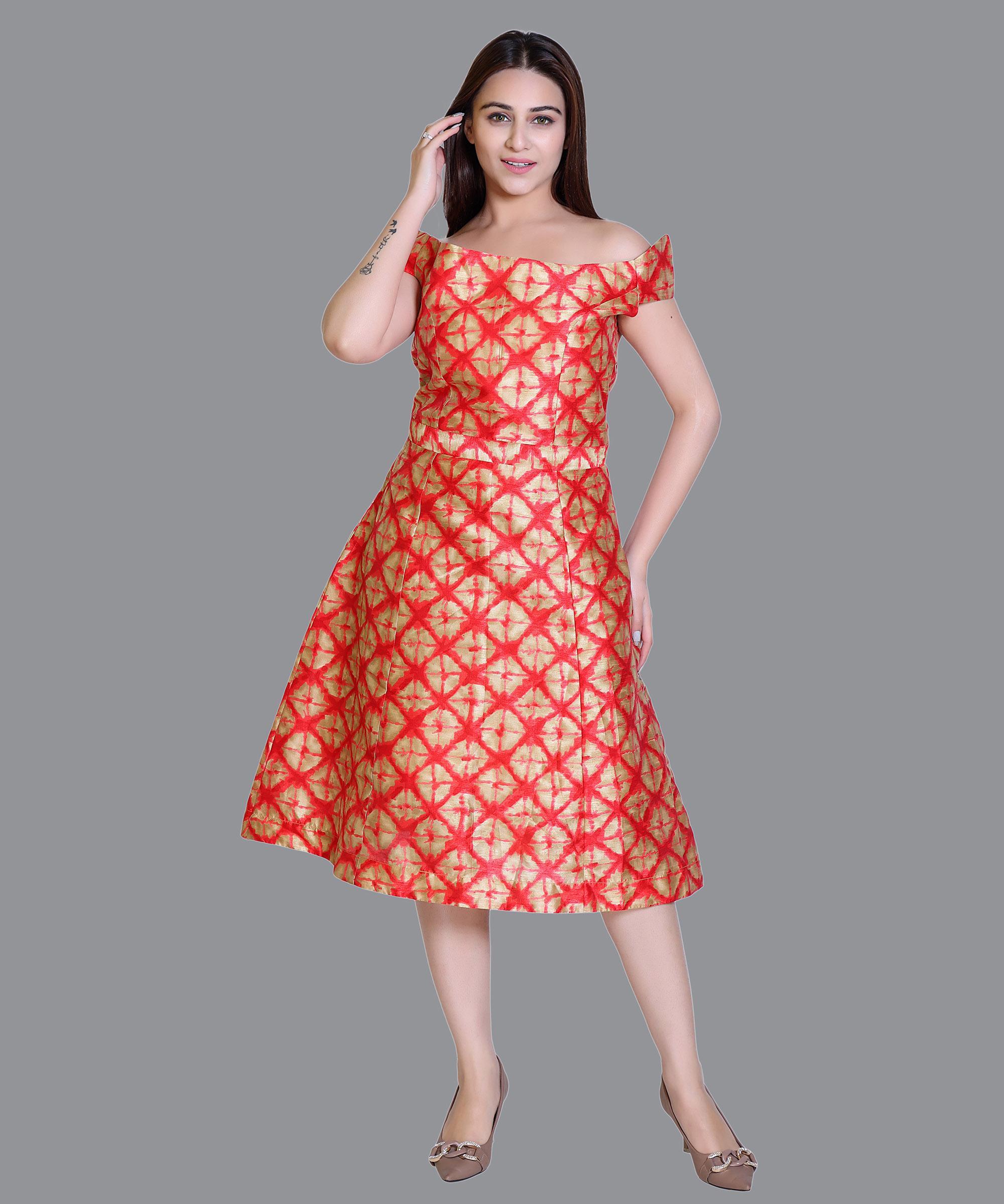 Women Satin Orange Floral Print Western Dress