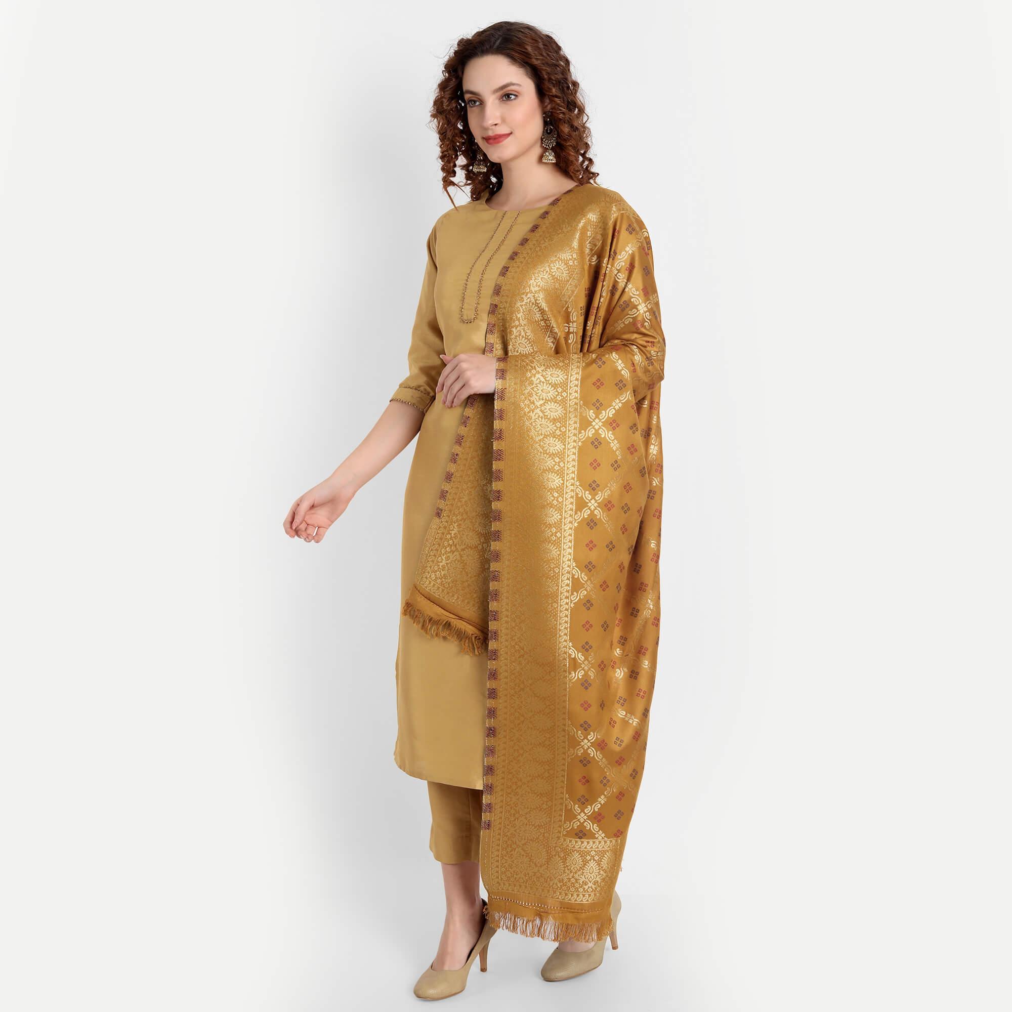 Hemkunt Fabrics viscose/zari / Cotton Blend jacquard Gold Women Dupatta