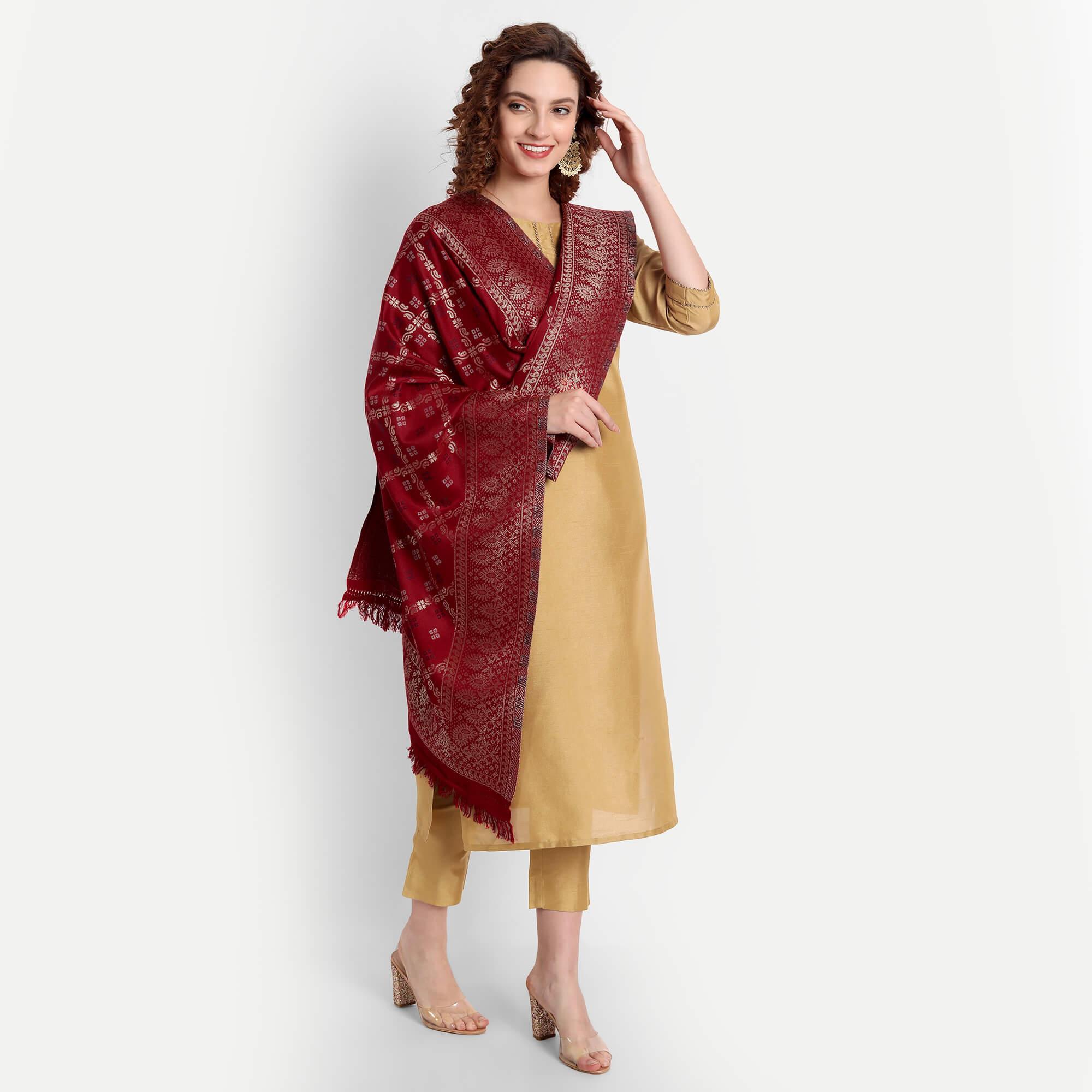 Hemkunt Fabrics viscose/zari / Cotton Blend Maroon jacquard  Women Dupatta